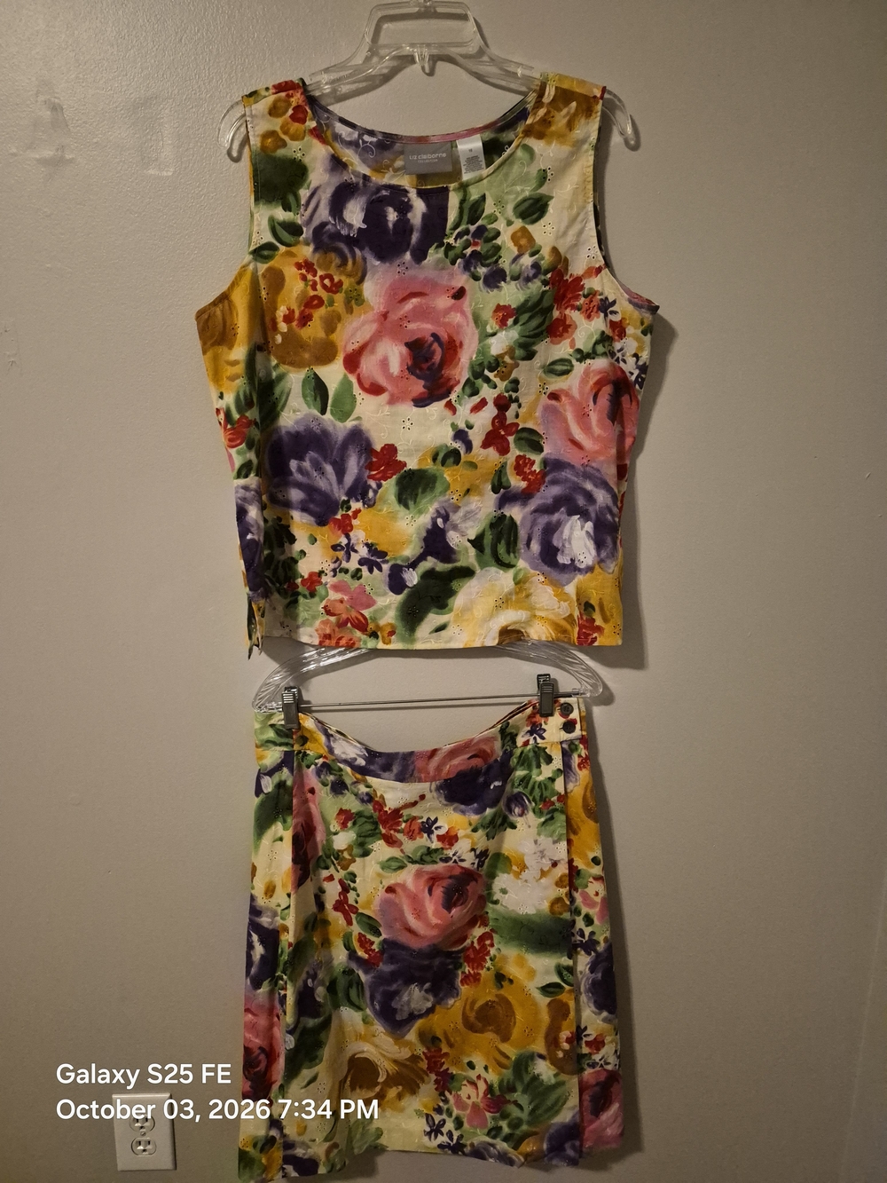 Women's 16 Liz Claiborne Vintage Floral Eyelet Sleeveless Top & Lined Skirt Set